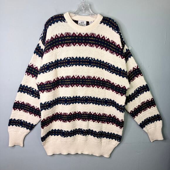 Vtg Van Heusen Cream Navy Burgundy Fair Isle Cotton Fair Isle Sweater Men's XL - Picture 1 of 12